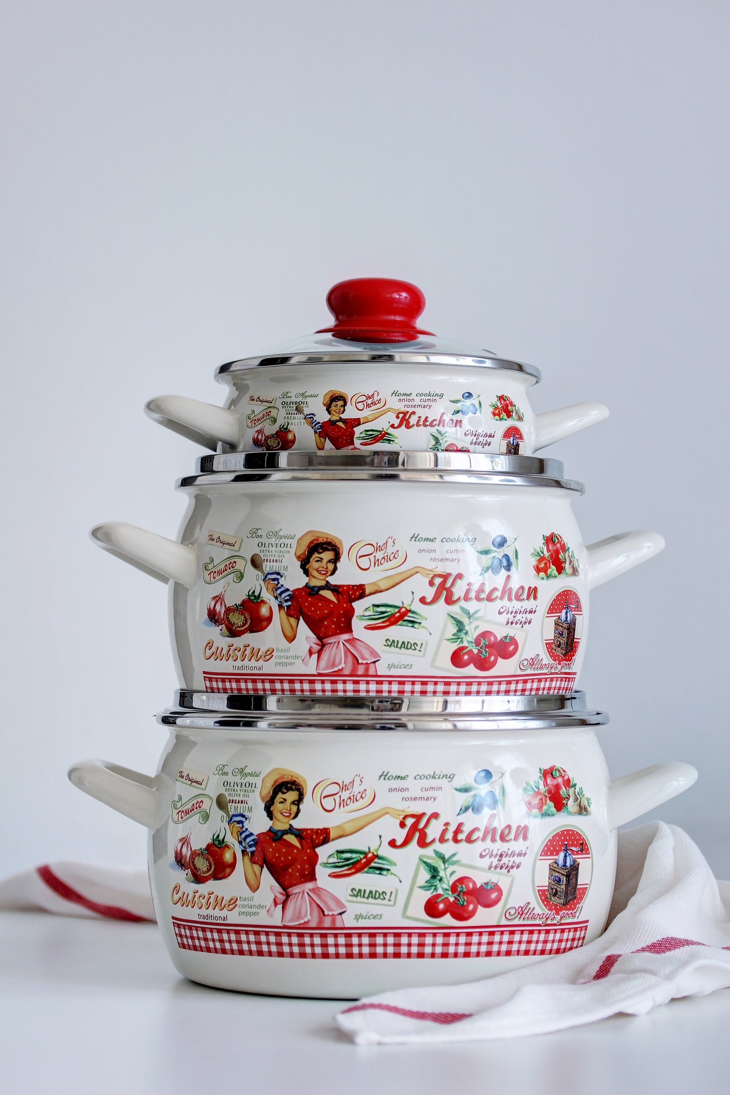 Metalac Schmortopf mit Glasdeckel 16cm|1,5l, FRÖHLICHE KÖCHIN, Emailliert, Vintage Design