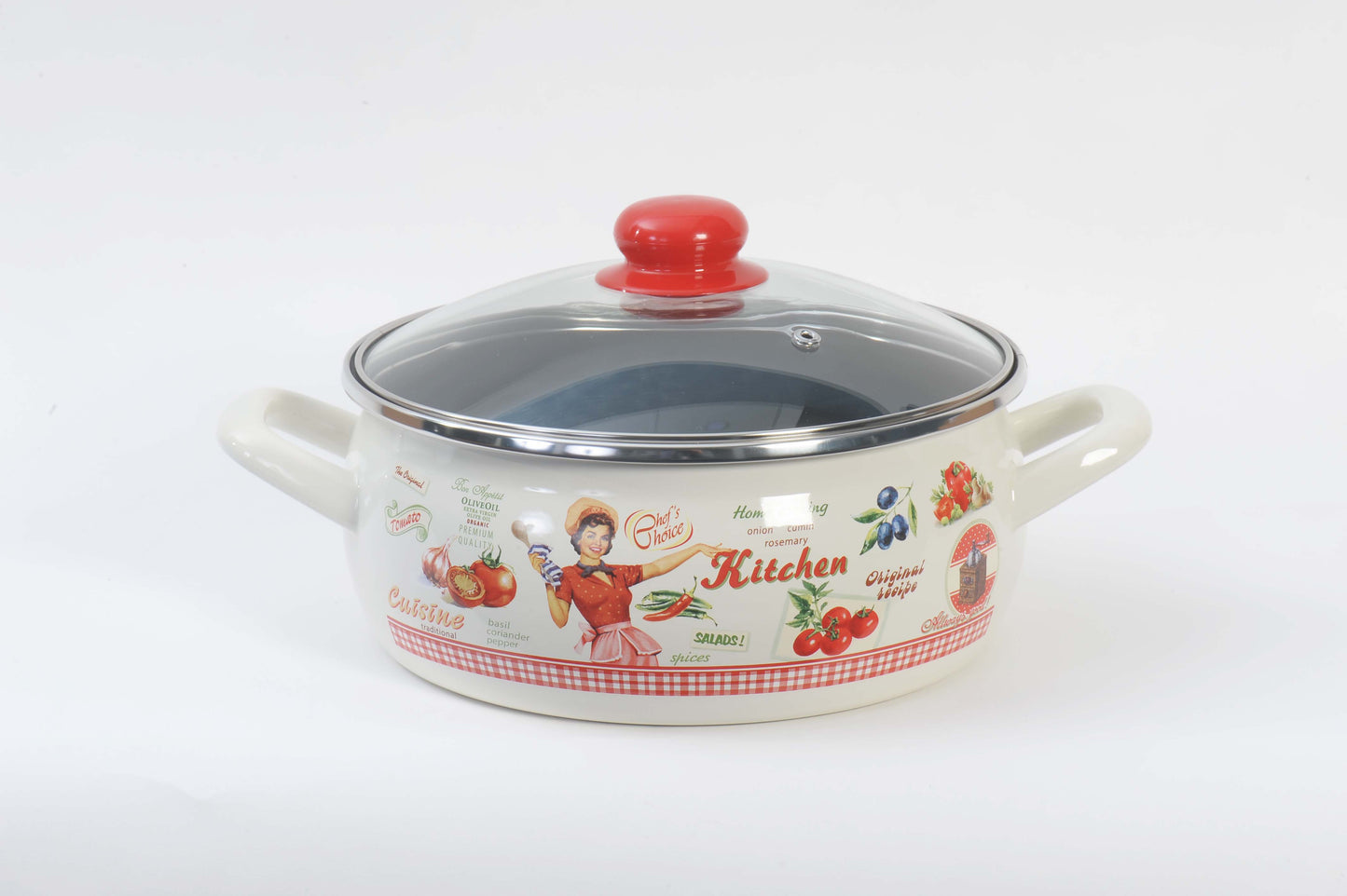 Metalac Schmortopf mit Glasdeckel 18cm|2,4l, FRÖHLICHE KÖCHIN, Emailliert, Vintage Design