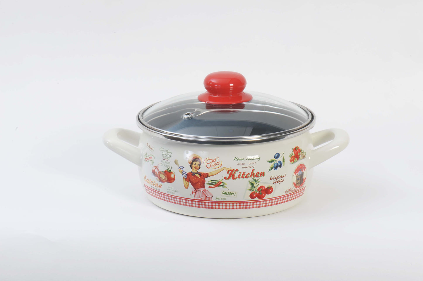Metalac Schmortopf mit Glasdeckel 16cm|1,5l, FRÖHLICHE KÖCHIN, Emailliert, Vintage Design