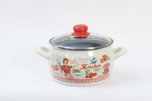 Metalac Kochtopf mit Glasdeckel 16cm|2,2l, FRÖHLICHE KÖCHIN, Emailliert, Vintage Design