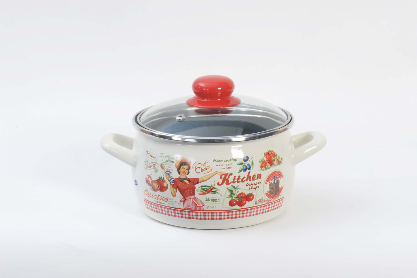 Metalac Kochtopf mit Glasdeckel 18cm|3,1l, FRÖHLICHE KÖCHIN, Emailliert, Vintage Design
