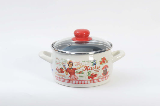 Metalac Kochtopf mit Glasdeckel 18cm|3,1l, FRÖHLICHE KÖCHIN, Emailliert, Vintage Design