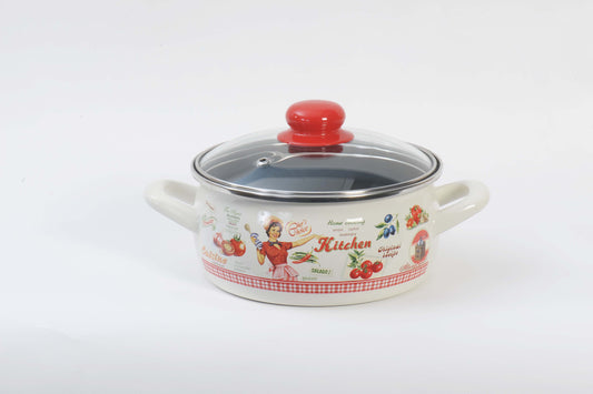 Metalac Schmortopf mit Glasdeckel 16cm|1,5l, FRÖHLICHE KÖCHIN, Emailliert, Vintage Design