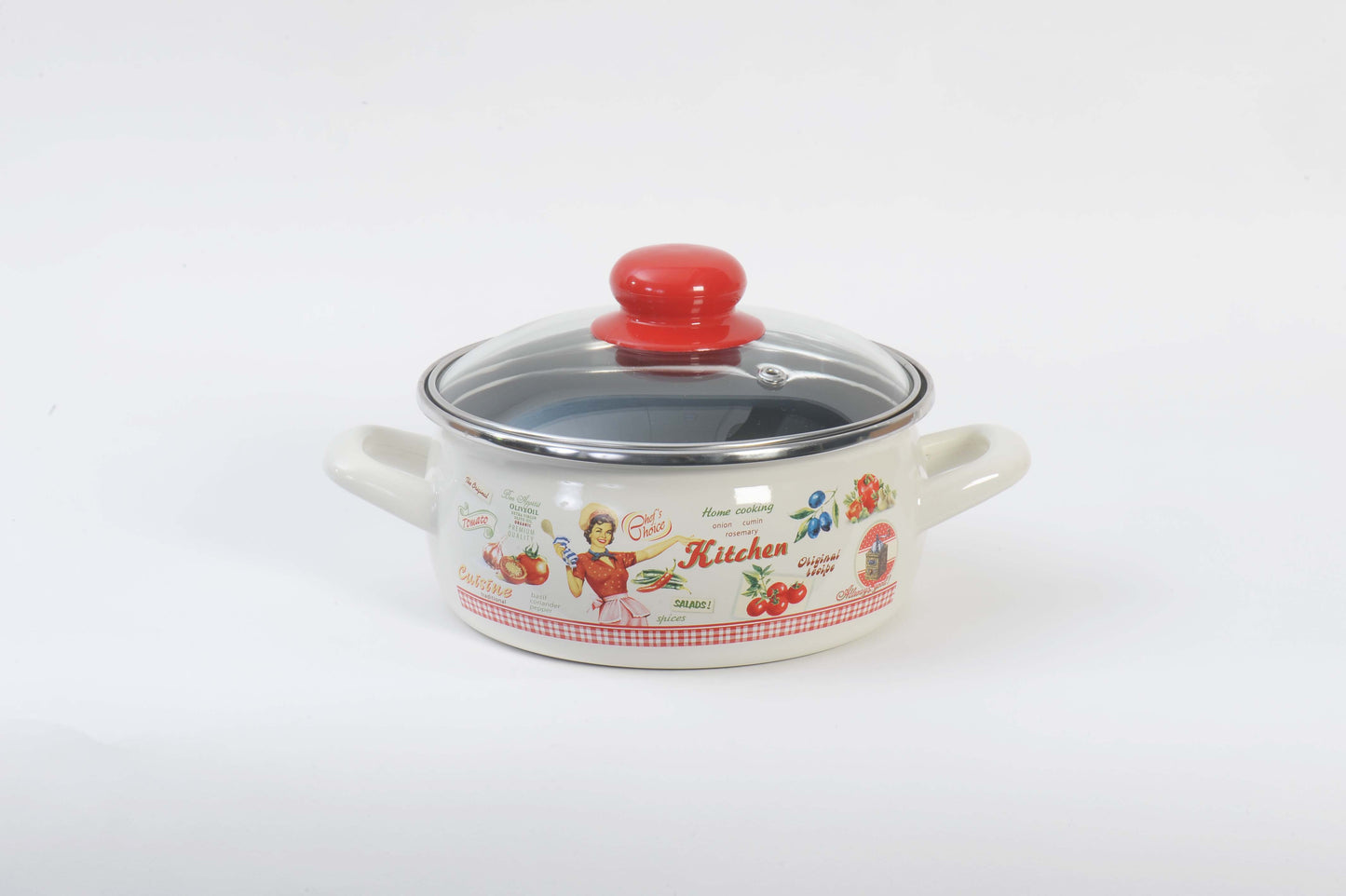 Metalac Schmortopf mit Glasdeckel 14cm|1,05l, FRÖHLICHE KÖCHIN, Emailliert, Vintage Design