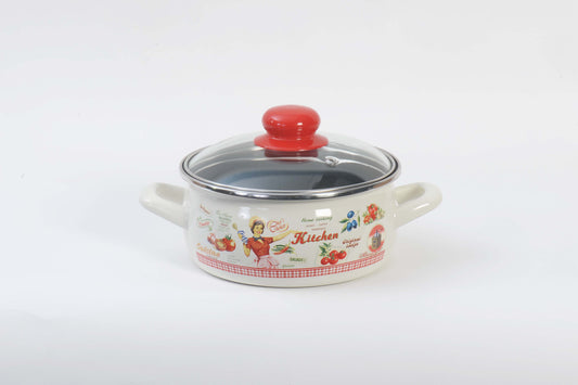 Metalac Schmortopf mit Glasdeckel 14cm|1,05l, FRÖHLICHE KÖCHIN, Emailliert, Vintage Design