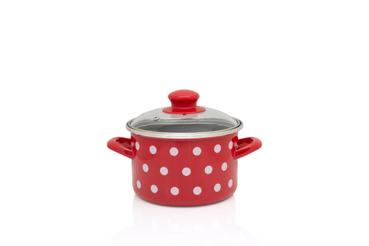 Metalac Kochtopf 16cm|1,5l, WEIßE PUNKTE, Emailliert, im Vintage Design