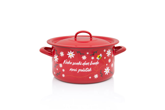 Metalac Kochtopf mit Deckel 22cm|5l, ROTE BIENE, Emailliert, Vintage Design